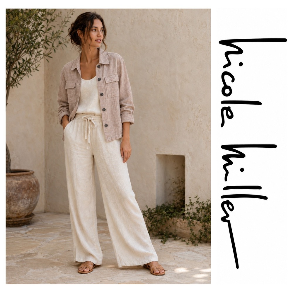 Nicole Miller New York Blush Taupe 100% Linen Oversized Boxy Utility Jacket L